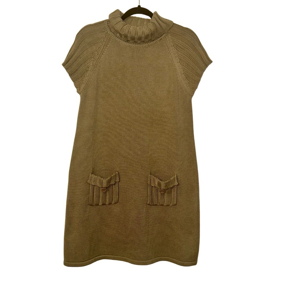 Calvin Klein Tan Knit Sweater Dress L | Short Sleeve Turtleneck with Pockets